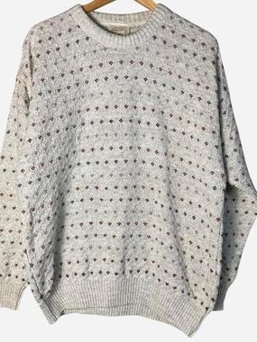 Vintage St. John's Bay Light Gray Crewneck Sweater with Multicolor Dot Pattern